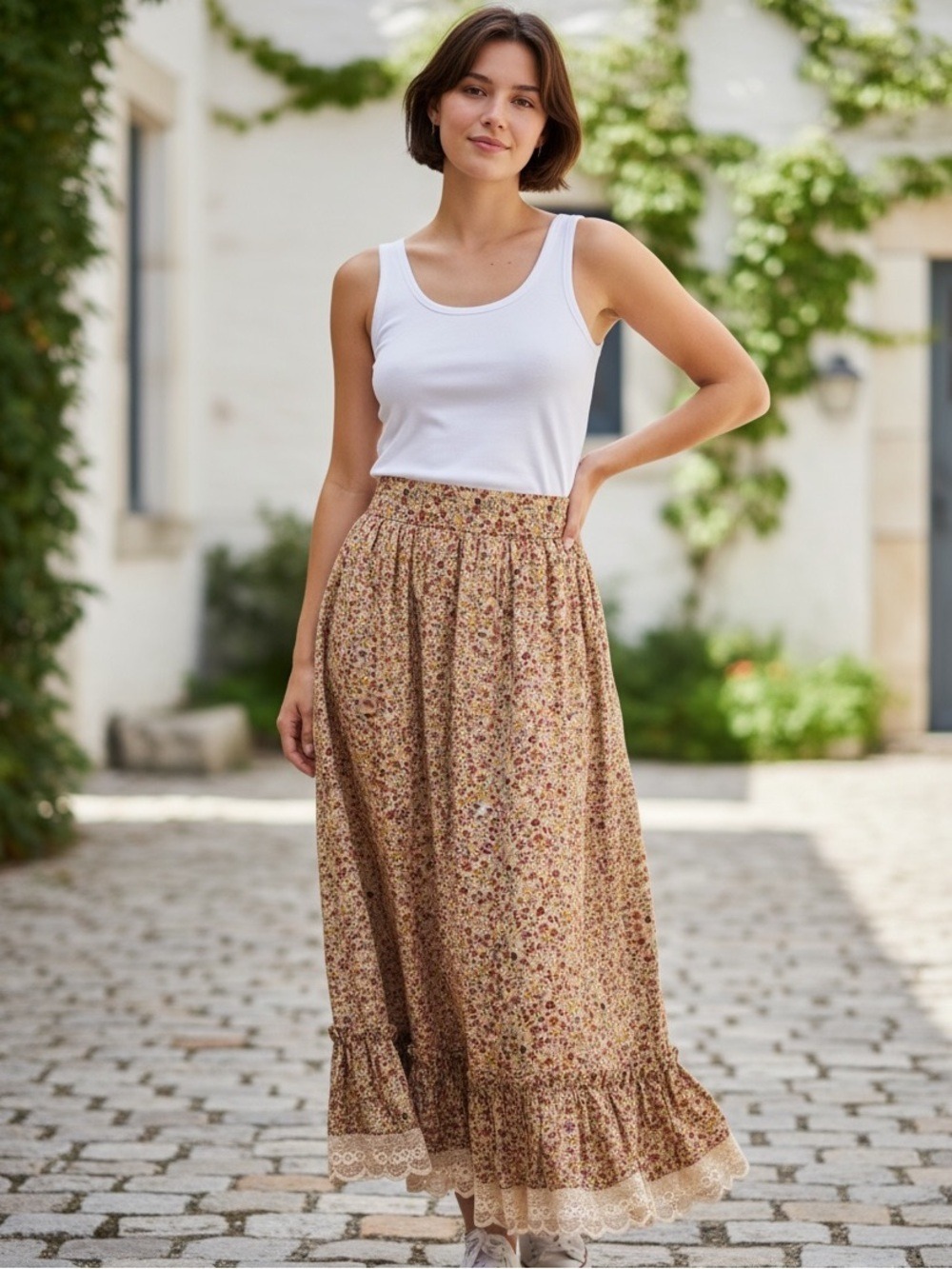 70s CUSTOM MADE CALICO FLORAL COTTAGECORE CREAM TIERED & LACE MIDI SKIRT SZ S